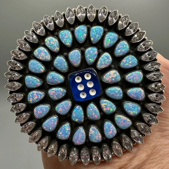 ‼️ MASSIVE ‼️ CZ Blue Opal Dice 🎲 Sterling Silver 925 Handmade Ring Southwestern - Picture 11 of 13
